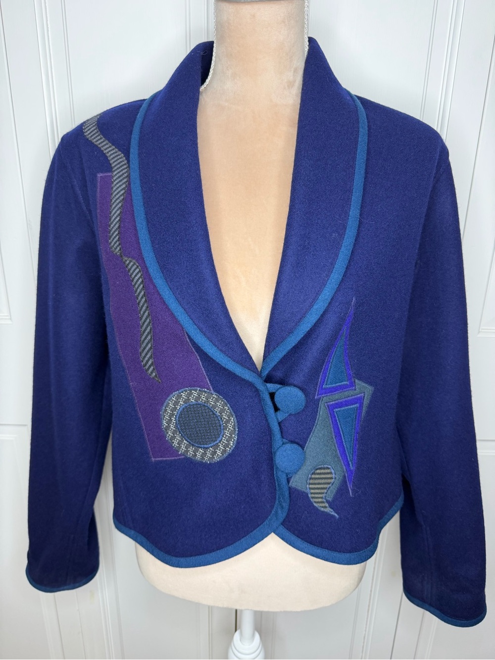 Vintage Bella Women’s Cropped Blue Blazer Jacket 80s Artsy Geometric AOP